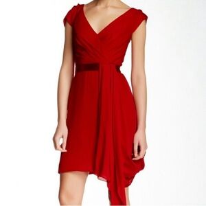 Marchesa Notte Draped V Neck Cap Sleeve Dress